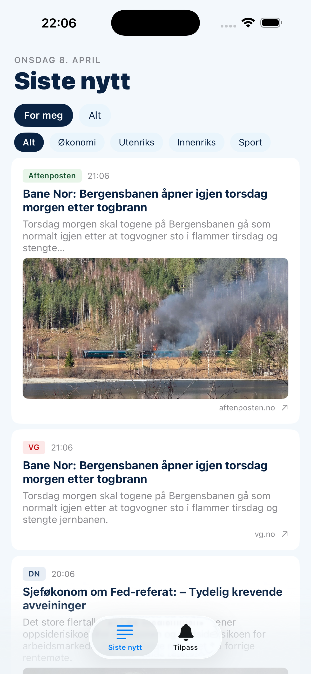 Siste nytt app — nyhetsfeed